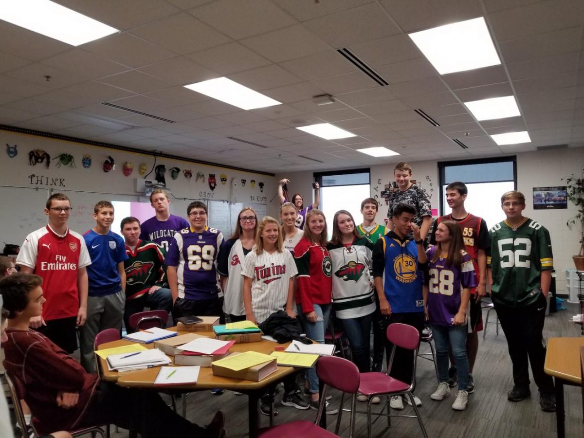 Ms. Thursbys class sporting their jerseys on the first dress-up day of Homecoming Week.