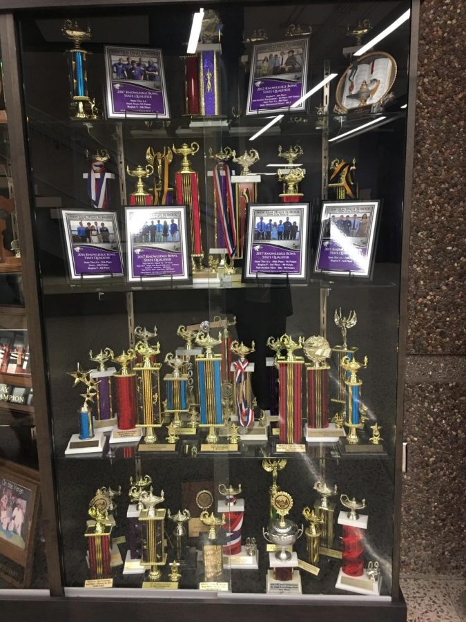 The trophy case for NUHS Knowledge Bowl team