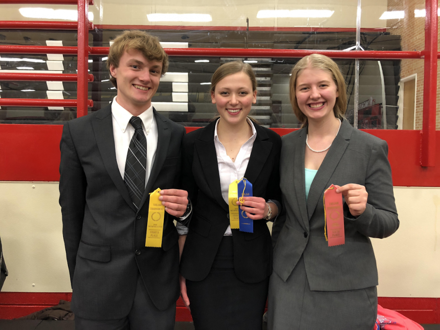 Photo Courtesy of Lucas Van Leeuwe. Nicholas Schultz (left) and Emma Maudal (center) teamed together to take fourth as a duo. Bethany Jassen (right) took sixth as a great speaker. 