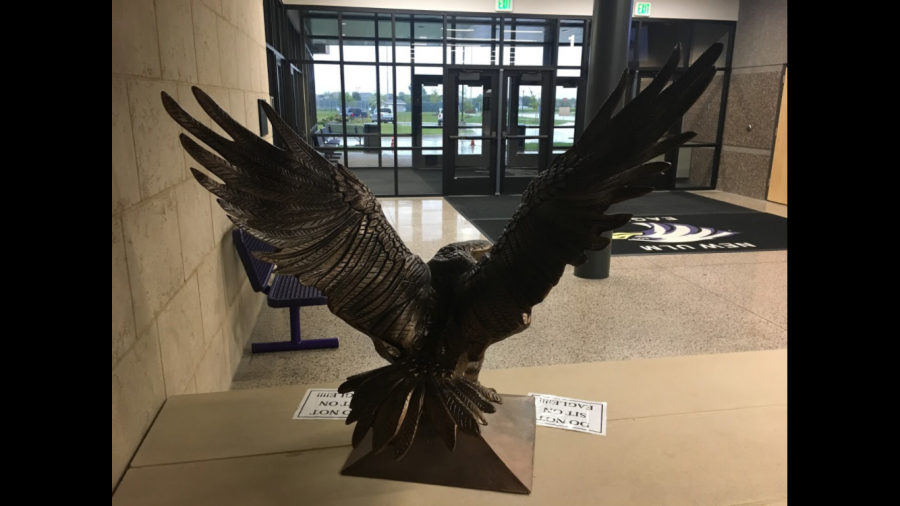 READY TO SOAR - A special look at the rarely seen backside of the schools eagle statue.