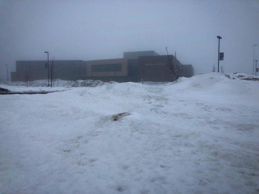 The New Ulm High School peeking out of the fog.