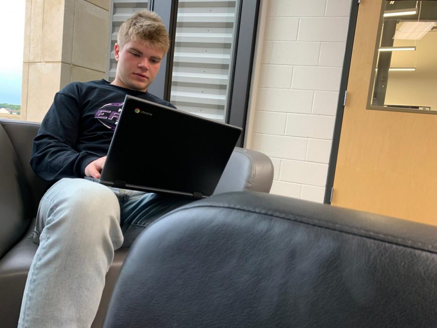 New Ulm High School student Ryker Shelgren studies for his upcoming psychology test.