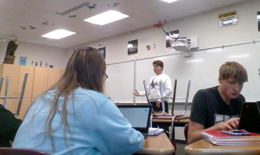 Andy Dake pitching the ideas of his presidential campaign to the class for government 