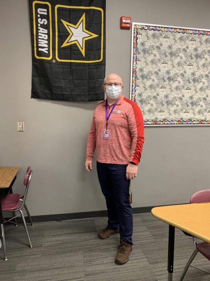 History teacher Mr. Bute participating in USA day for homecoming dress-up week on Wednesday. Mr. Bute also served in the U.S. Army and Army National Guard. I served in the U.S. Army and Army National Guard for 21 years while also teaching here at New Ulm Highschool, Mr. Bute said. 