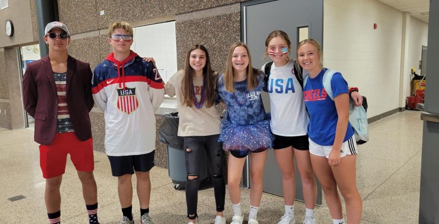 Sophomores, Cohan Carpenter, Ethan Lieb, Shaelyn Hauser, Ella Ahrens, Evelyn Friese, and Karlee Stocker dress up for USA day at the high school.