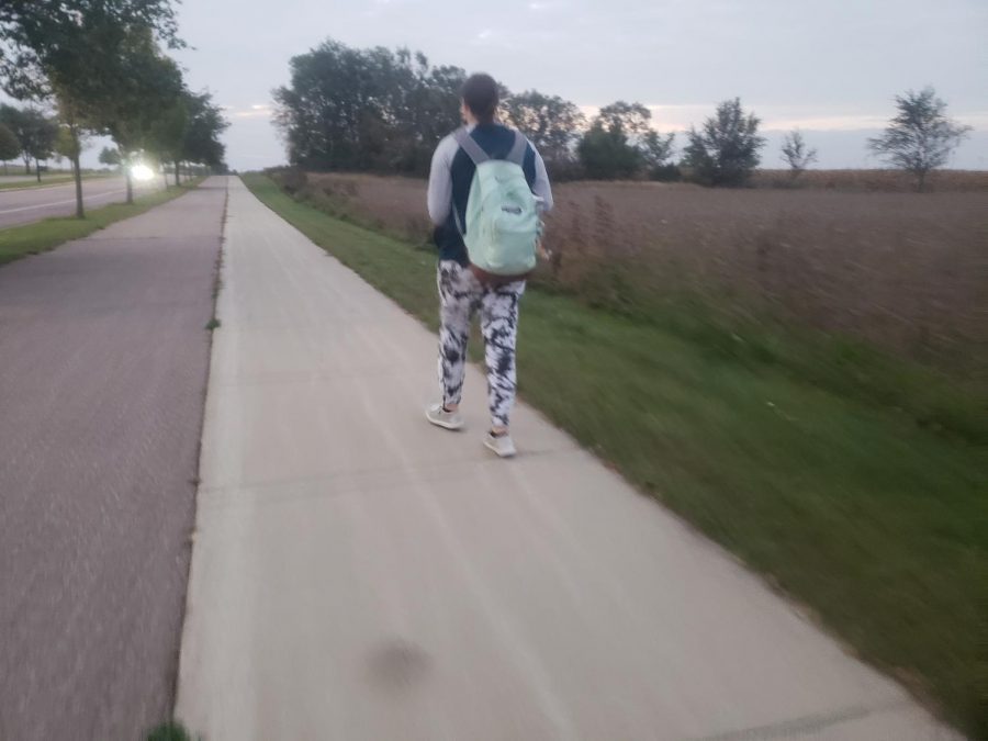 NUHS freshman, Ray Jorgensen walks to school this chilly morning