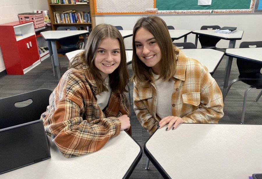 Juniors Addy Rustin and Kate Fraunholtz get into the fall spirit for twin day. 