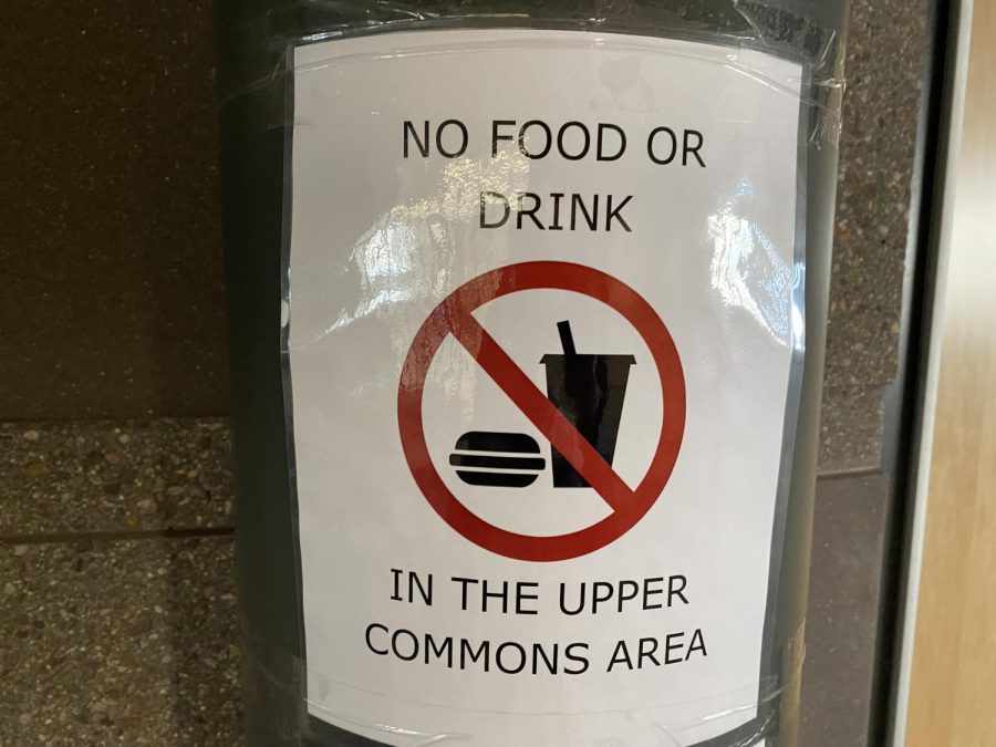 The New Ulm High School upper commons area prohibits food and beverages. 