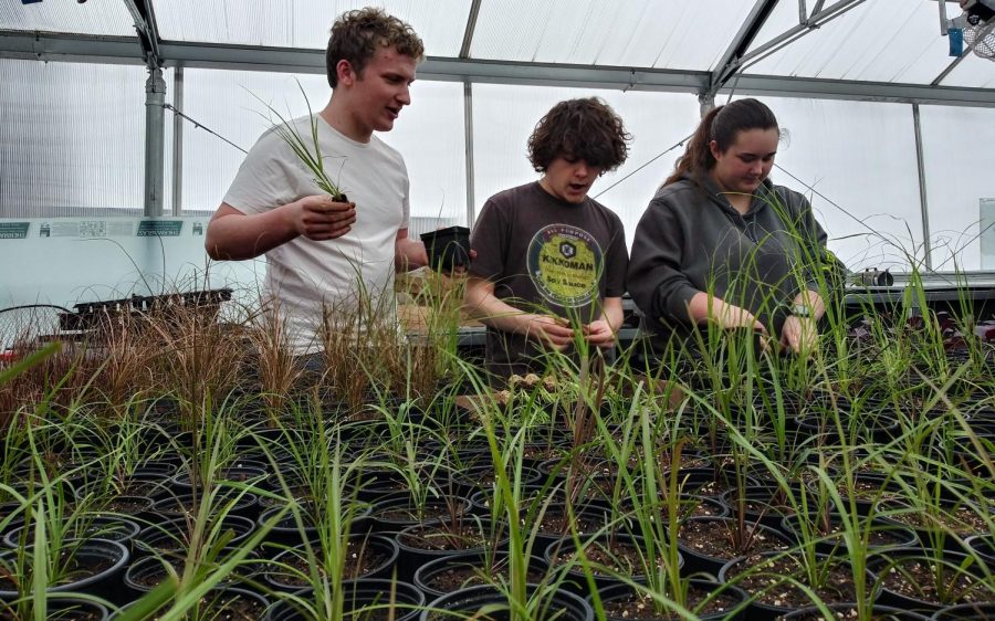 The Dusty Miller Crew™ going above and beyond on the extensive labor of planting grass for horticulture class. Pictured left to right are, James McGuire, Zennon Smith, and Sarah Massey.