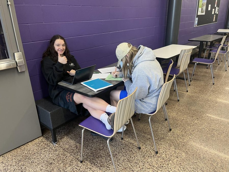 Junior students Afton Hulke and Sophia Cooke hard at work during comfy day.