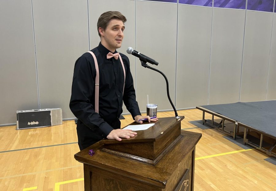 Mr. Nelson speaking at Coronation as the MC on Monday, September 19. Mr. Nelson is the Student Council Adviser, and he helps coordinate the Homecoming week activities.