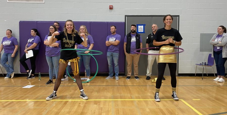Seniors Emerson Wenninger and Emily Pearson hula-hooping their way to 1st place in the battle of the classes