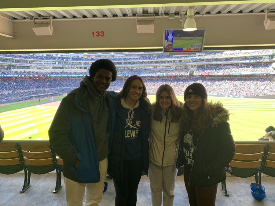 New Ulm FCCLA members attend a Minnesota Twins game at the 2022 State Conference. Pictured are (L-R) Marcarious Amoah, Asia Stade, Addison Rustin, and Kylee Nosbush.