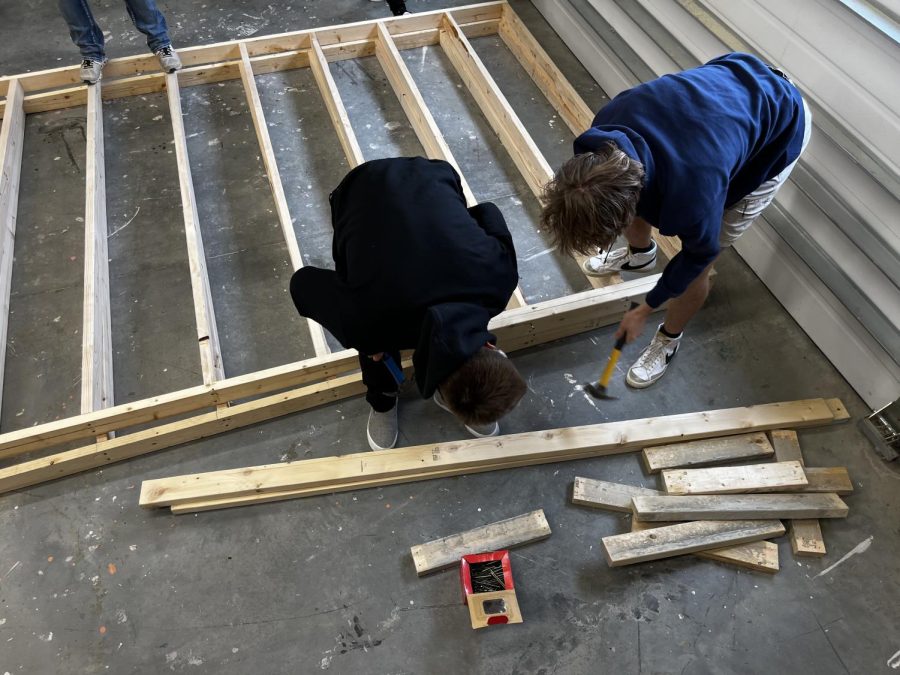 Mr. Briggs third hour residential maintenance class is framing the basement for their future projects. This basement will be the basis for electrical, tiling, and drywall. NUHS junior Ethan Goff (Left)  said at the time, Its a very educational class and we learned how to frame walls for a home. Next to him is MVL senior Carter Flatau.