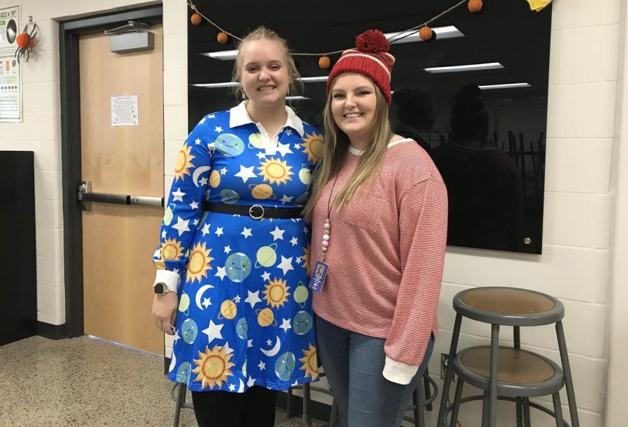 New science teacher Ms. Hoefker and pottery teacher Ms. Page wear their costumes for Halloween