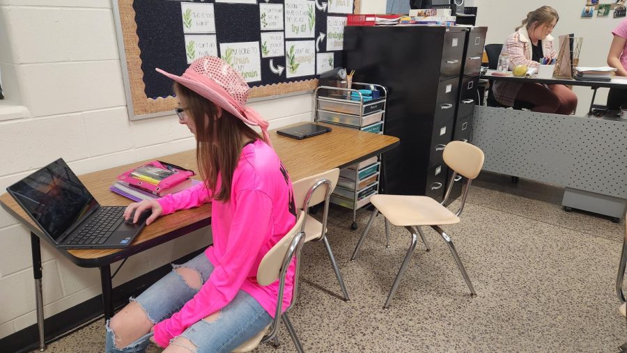 Vanessa Hauser dresses in pink during teachers appreciation week. This dress-up day is from Mean Girls, when the plastics have to wear pink on Wednesdays. 