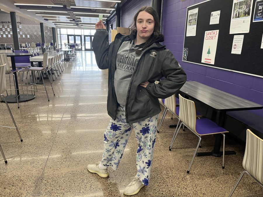 Junior Afton Hulke dressed in her snowflake pants on comfy day, which was also the first snowfall of the year. 