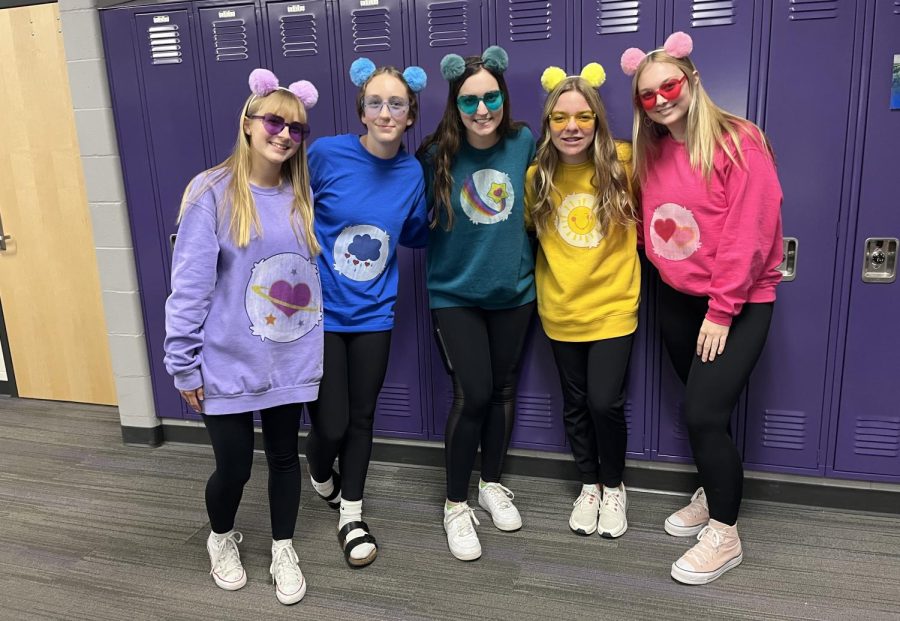 Sophomore girls show they Care about Halloween by dressing up as the Care Bears.
