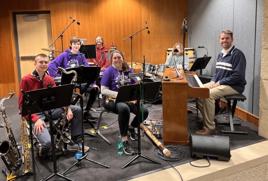 The pit orchestra players (left to right) Mitchell Schotzko, Ryan Johnson, Kylie Beran, Abbey Keister, Henry Albrecht, and Daniel Olson.