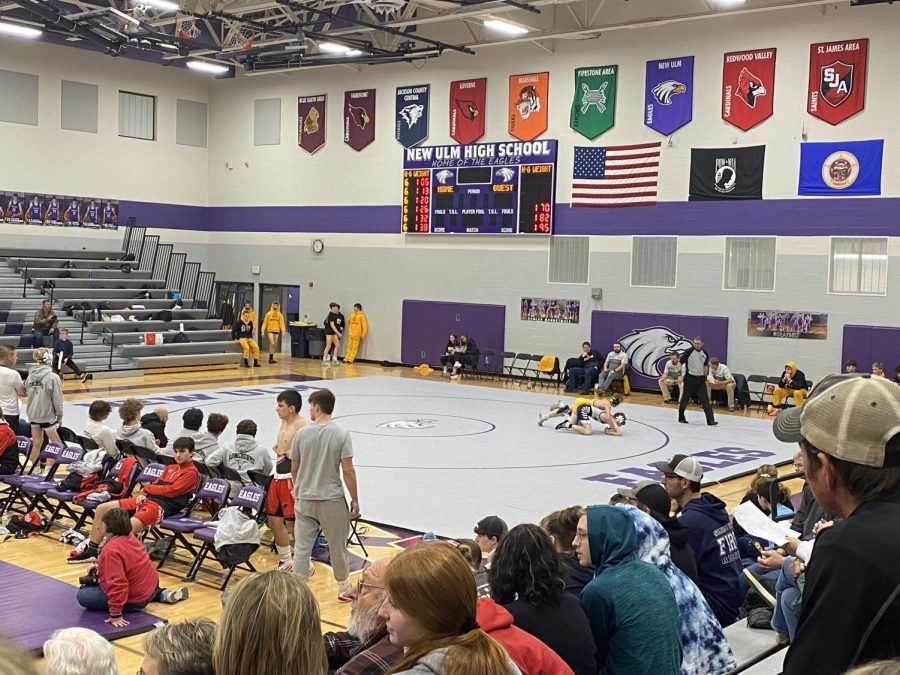 On+Tuesday+Dec.+6%2C+the+New+Ulm+Eagles+hosted+their+first+home+wrestling+meet.+Other+surrounding+schools+including+Maple+River%2C+Loyola+Mankato%2C+and+Mankato+East+all+competed+in+the+meet.+The+New+Ulm+Eagles+swept+away+the+competition+with+a+3-0+win.