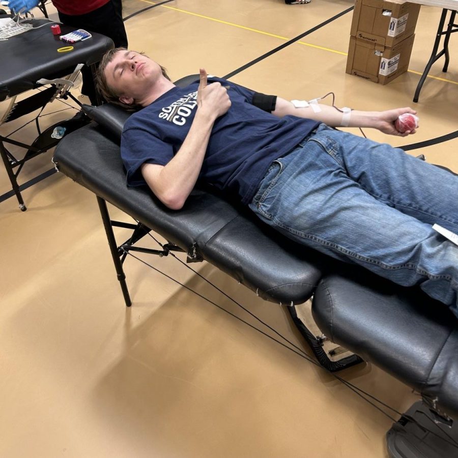 Student and FFA member Aidan Wendinger pictured participates in the blood drive Wednesday March 15. There were many openings for both students and guests from the community to fill. Each blood donation given can be used for up to three people. After you give your blood donation we provided food, snacks and drinks for the participants. The New Ulm FFA chapter has always provided snack and food and drinks after the blood drive to help the people recover to full strength before going about on the rest of their day. 