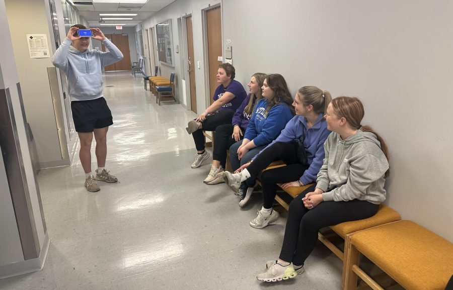 The Medical Terminology/Careers class took a field trip to the cadaver lab at SDSU in Brookings, South Dakota. They started to play Heads Up! while waiting to enter the lab because they had arrived early.