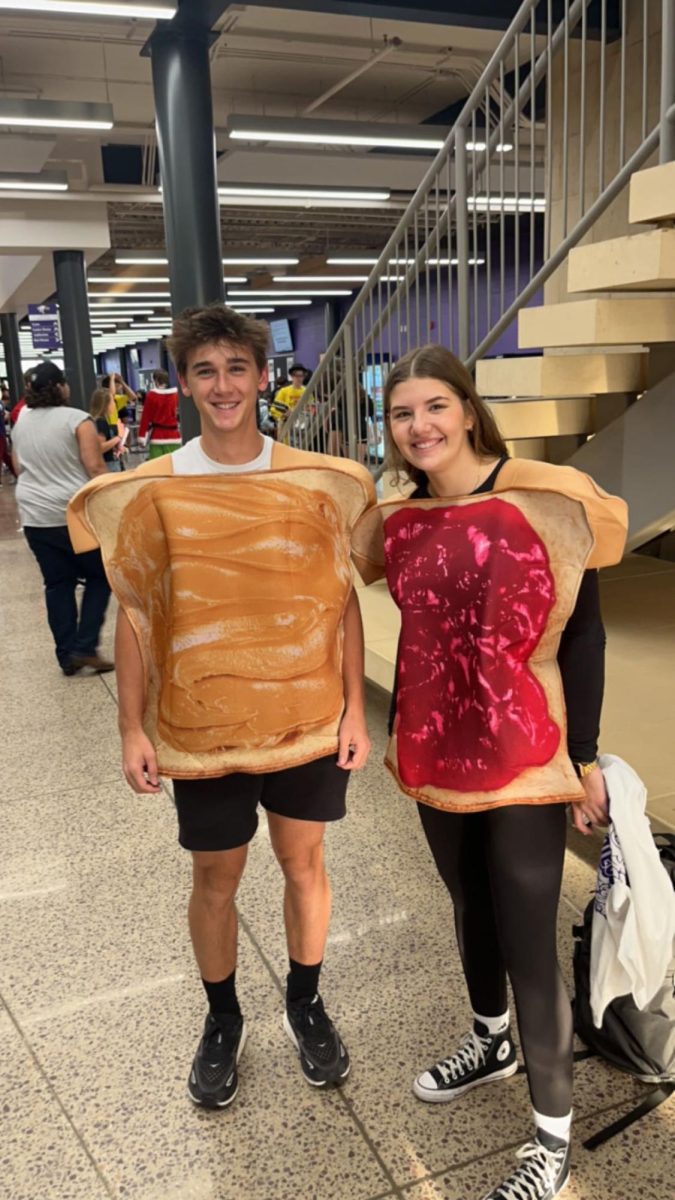Seniors Easton Clark and Malorie Anderson show there school pride by wearing peanut butter and jelly outfit for dynamic duo day.