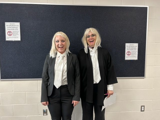 On Tuesday, Sept. 19, NUHS students and staff dressed up for Iconic Duo Day. Spanish teachers Mrs. Gunderson (left) and Mrs. Kramer dressed as the Ganga Girls from Señor Wooly to show their love for Duo Day. When student council decided to have Tuesday as duo day I knew right away what I wanted to be, Mrs. Gunderson said.