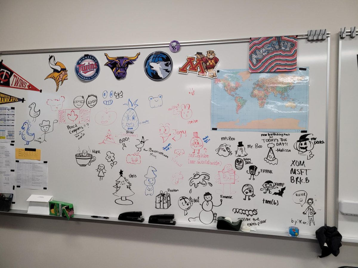 Mr. Nesslers white board full of students drawings. 