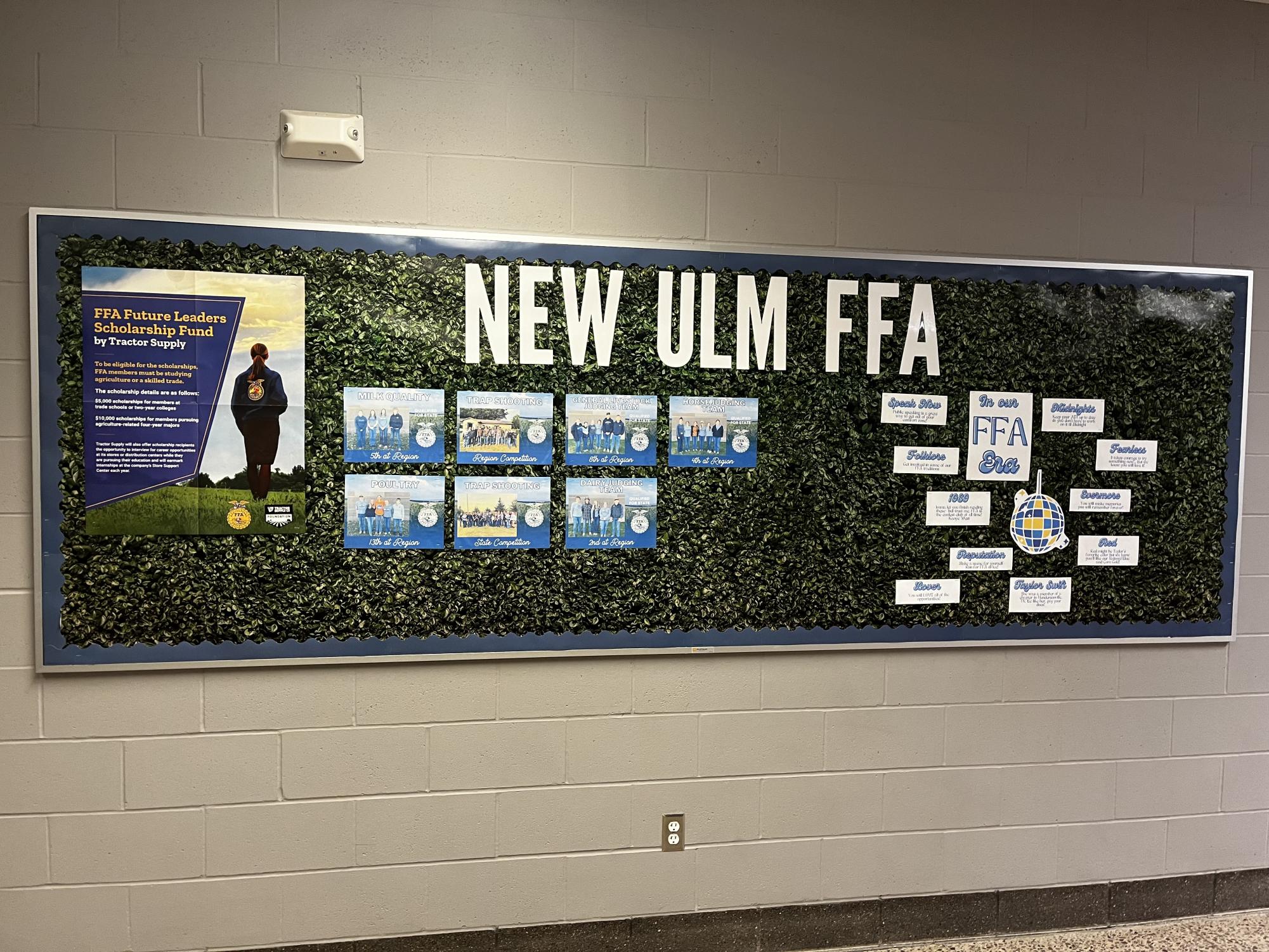 The New Ulm FFA chapter board located at the bottom of the stairs at the ag wing. 