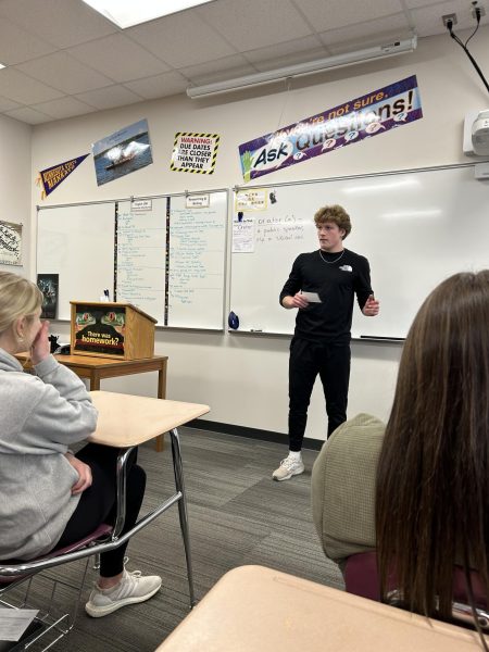 Dominick Kamrath delivers a speech about the topic, What Makes You Interesting, for Public Speaking. He filled the classroom with laughter and hilarity, to say the least. 