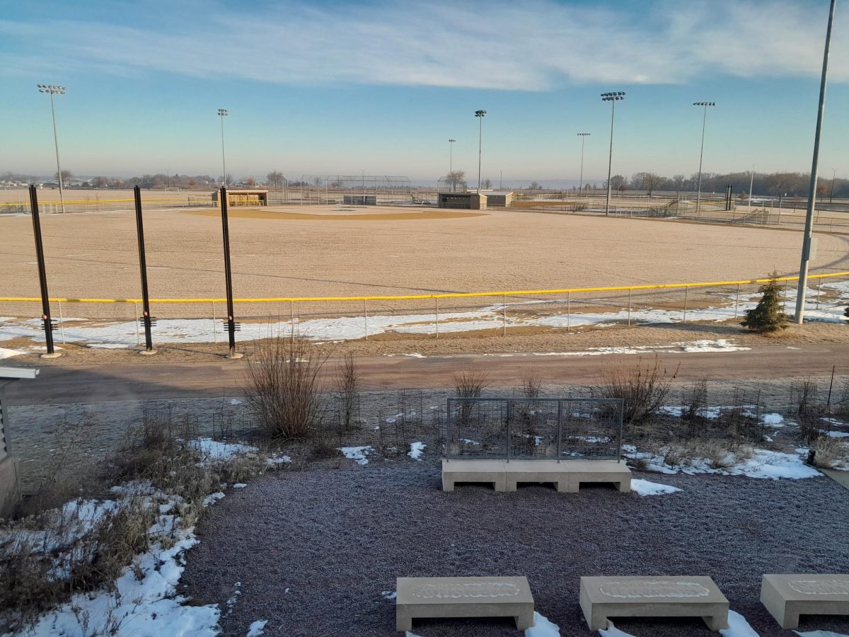 View of the baseball field one week after snowfall, February 21.