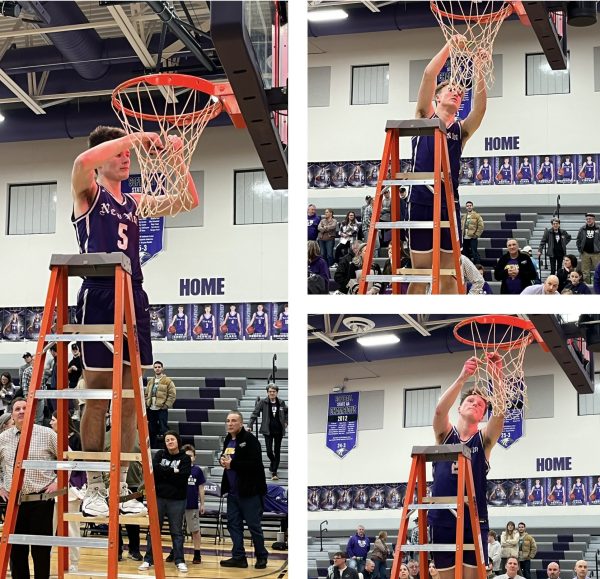 Senior captains James Osborne, Ayden Jensen, and Colton Benson cutting a piece of the net down after the big game. 