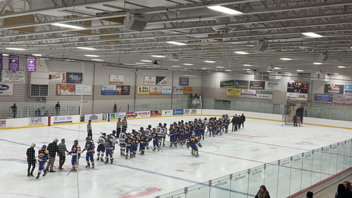 Eagles hockey players shake hands with Windom hockey players after the game