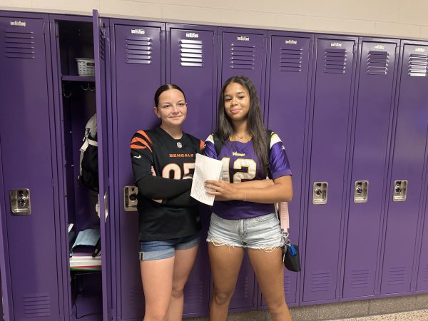 Freshman Natalie Fischer and Junior Kaylee Evens (L - R) rock their Jersey Jorts for Homecoming Week!