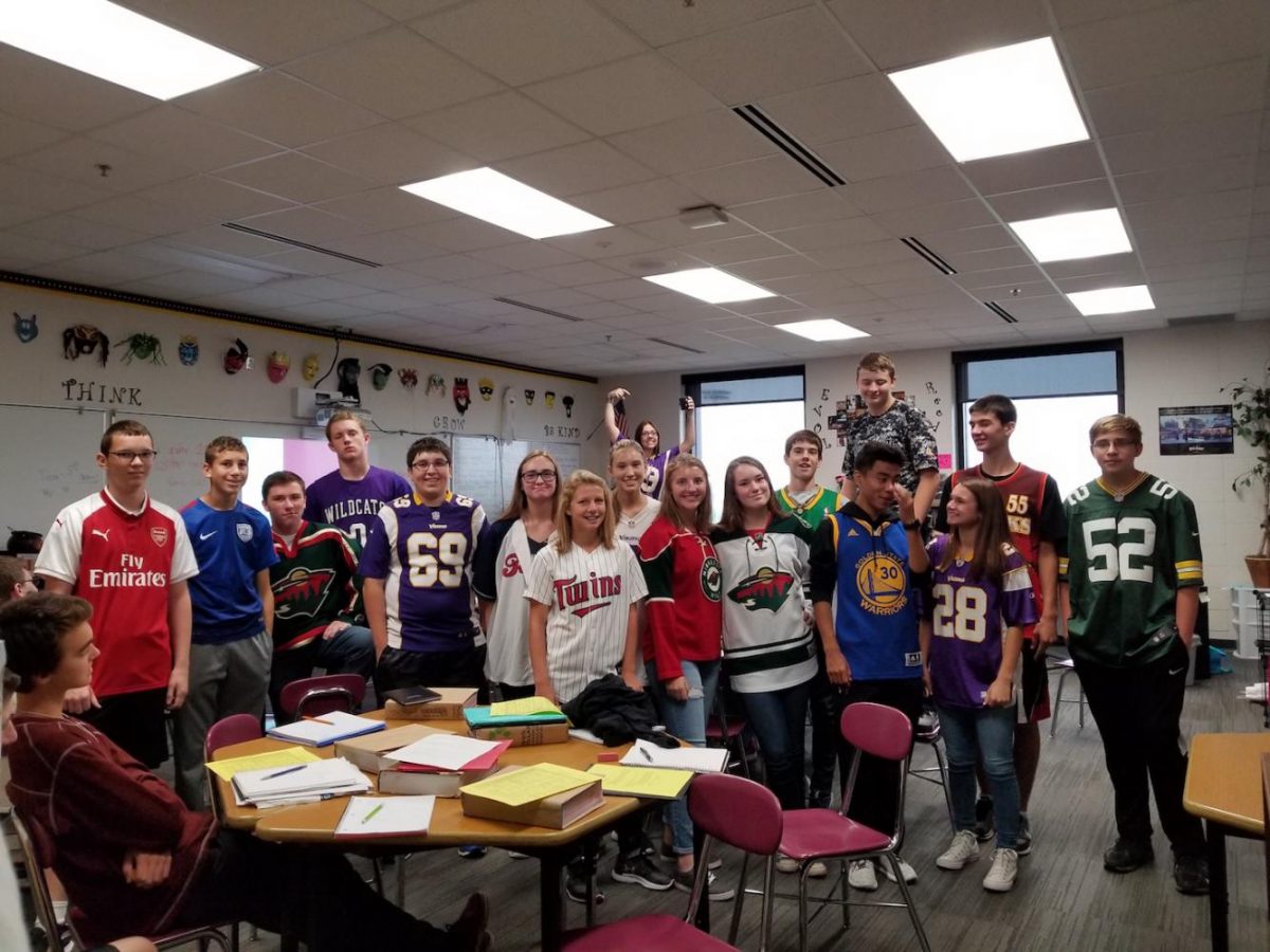 Ms. Thursby's class sporting their jerseys on the first dress-up day of Homecoming Week.