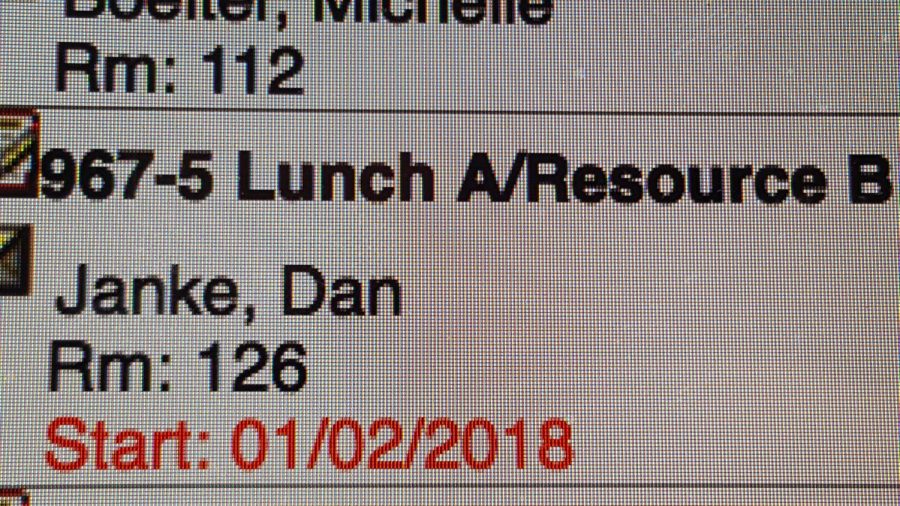 This is the dreadful photo, showing what a students schedule may look like when they have a failing grade at a grade posting. 