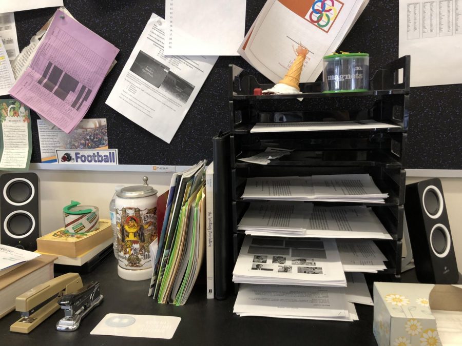 A TEACHER'S DEN
This is the typical look of a teacher's desk at New Ulm Public High School. 