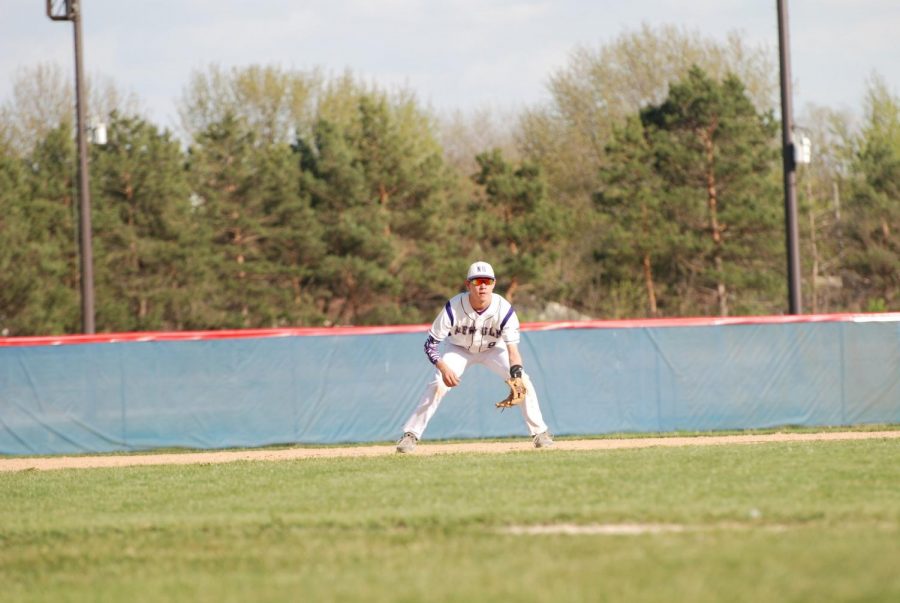 FOCUSED AND READY New Ulm Eagles' Senior Short Stop, Trenton Sweere.