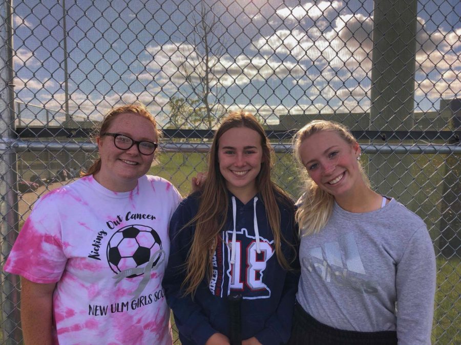 SMILEY SENIORS- New Seniors on the tennis team are Jayden Pettersen, Ashtyn Wiltscheck, and Carli Botten. (Not pictured: Norensa Ness)