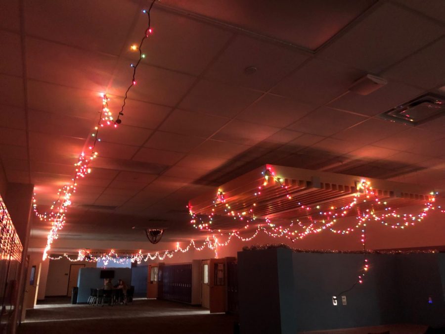 Christmas lights down the English wing giving it the Christmas glow