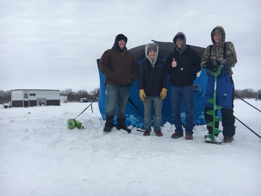 Seniors Travis Hulke, Brad Wilfahrt, Landon Depew, and Brady Ahlness enjoy the fishing contest.