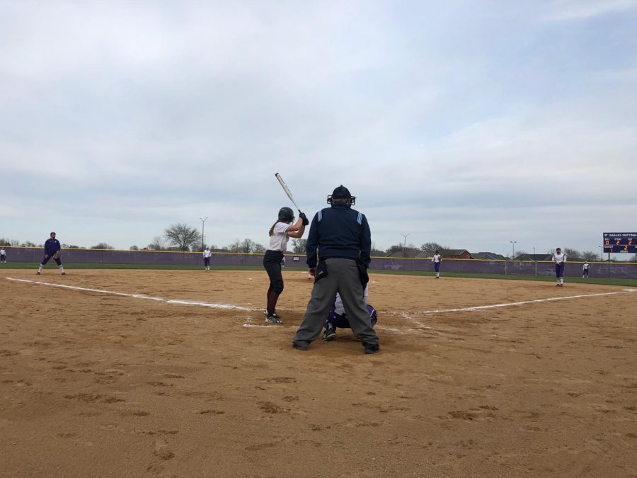 The New Ulm Eagle softball team finally gets out on the new field to play Blue Earth.