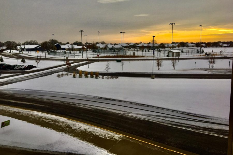 First snow fall of the year at New Ulm High School.