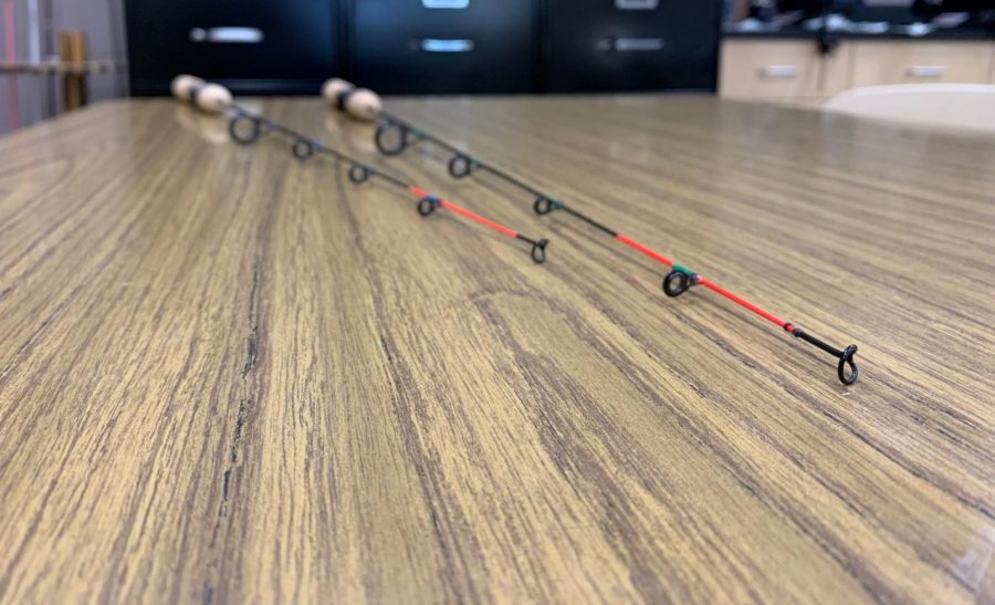 Two hand-crafted ice fishing rods that were constructed in Mr. Nelsons Natural Resources Class.