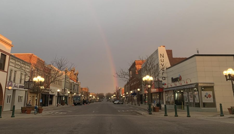 Downtown New Ulm during a rain shower. 