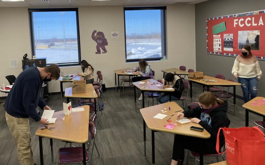 Just days before Valentine's day, FCCLA members stay after school to create Valentines for the residents residing at Ridgeway. FCCLA advisor, Mr. Janssen, stated that "With the COVID lockdown, residents at Ridgeway have been isolated for 10 months. We chose to create Valentines' cards for them to give them a positive connection to the outside world and wish them a Happy Valentines Day." 