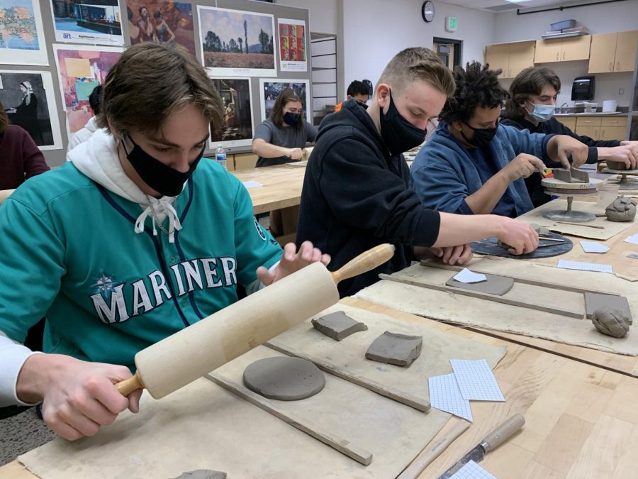 Students in Pottery/Sculpture at NUHS are working hard to create clay sculptures. (Left to Right) Carter Lang (11) Charlie Osborne (11) Tyson Hutton (12) and Ethan Thomas (12) are featured in this picture. 