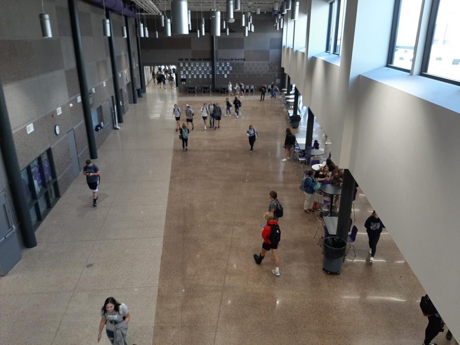 Students cut through the cafeteria to get to their next class during their 5 minute passing time.