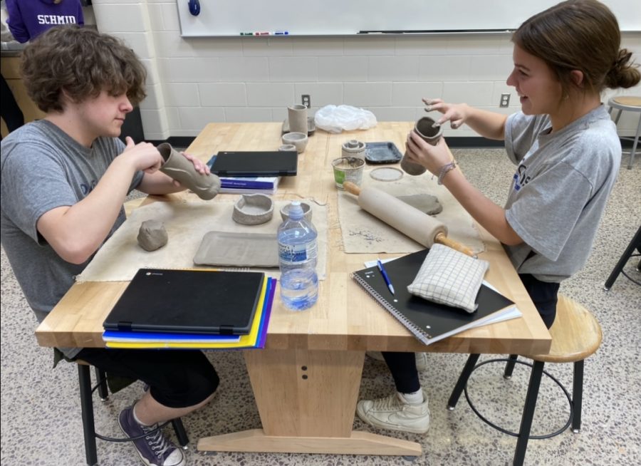 On Sept. 13, 2021, New Ulm High School students, Zennon Smith and Erin Wise made pottery with clay. Zennon said, "My favorite part of the project is the vase because we got to use the rolling pins for the first time." They made clay structures in the Pottery and Sculpting class with many different kinds of projects. 
